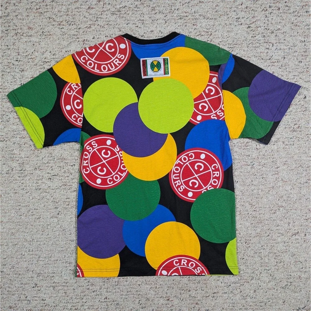 Cross Colours T-Shirt Mens SMALL Posse Circles Polka Dot Streetwear Hip-Hop Tee